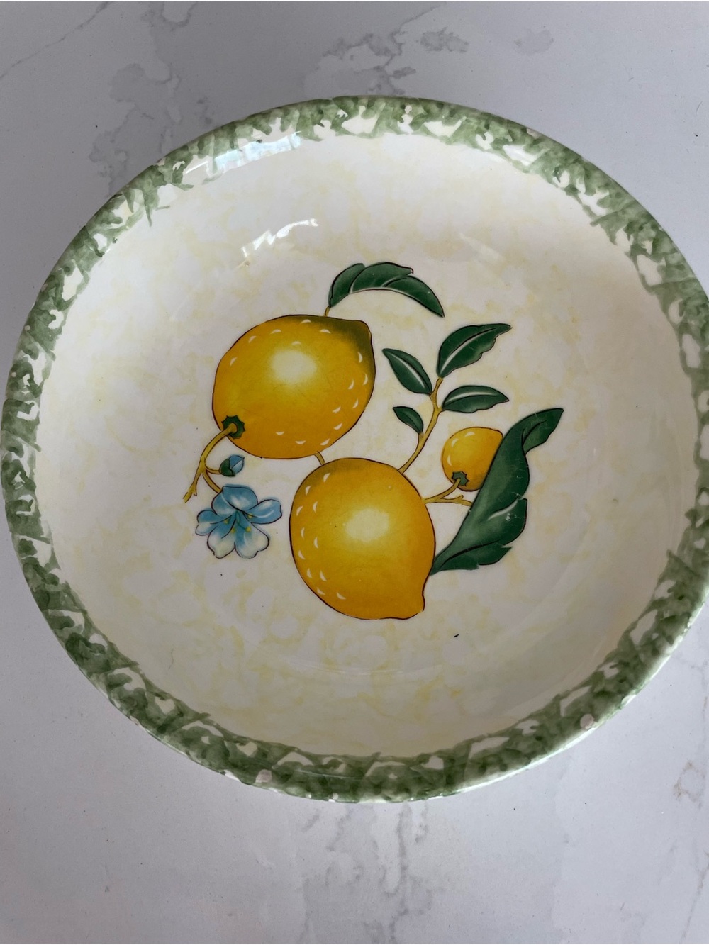 Neiman Marcus Yellow Lemon Motif Ceramic Bowl with Green Rim
